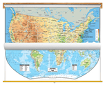 Physical USA and World Map Classroom Pull Down 2 Map Bundle